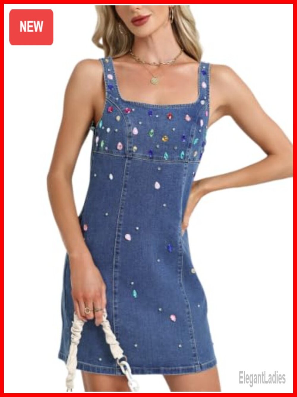 Rhinestone Denim Mini Dress Sleeveless Bodycon Club Party Jean Dress